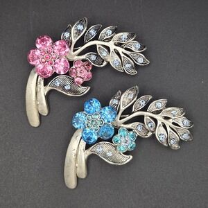 Set of 2 Vintage Silver Tone 2" Floral Brooches with Pink and Blue Stones